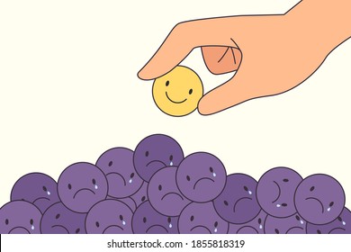 Hand picking happy smile emoticon out of many crying sad emoticon. Concept of choosing happiness, mental health, good vibe, emotion management. Flat vector illustration. 