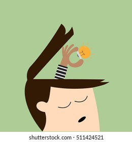 hand picking up a light bulb from human head, analogy of stealing ideas