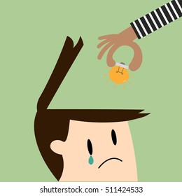 hand picking up a light bulb from human head, analogy of stealing ideas