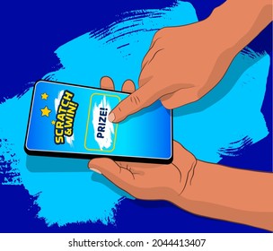 Hand picking up the mobile and with the other hand playing scratch cards on the screen. Idea for online gambling promotion. Blue scratch effect background. Vector and layered