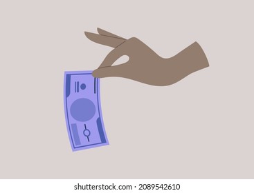 A hand picking a money bill, financial operations with cash