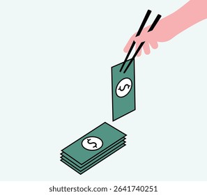Hand picking up money from money bundle illustration