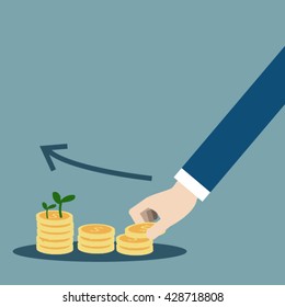 Hand picking on the coins ,saving money concept,flat vector design.