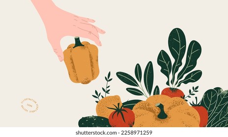 Hand picking pepper from a pile of vegetables. Healthy food. Vector illustration.