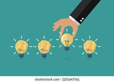 Tomar a mano la idea perfecta entre las ideas de papel derrumbadas. Concepto de negocio. Ilustración del vector