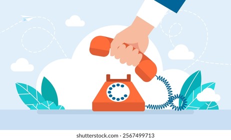 Hand picking up the phone. Make a call. Pick up the phone icon or print. Isolated on white. Hand picking up phone on white background. Phone answer concept. Vector illustration