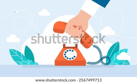 Hand picking up the phone. Make a call. Pick up the phone icon or print. Isolated on white. Hand picking up phone on white background. Phone answer concept. Vector illustration