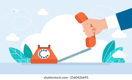 Hand picking up the phone on white background. Contact service or urgent call concept. Phone answer concept. Hand holding telephone receiver. Talking with service support hotline. Vector illustration