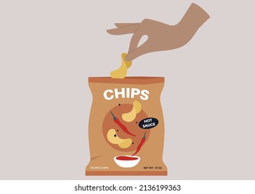 A Hand Picking A Potato Chip From A Plastic Bag Of Spicy Chips With Hot Sauce, Unhealthy Snacks