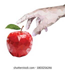 Hand, die roten Apfel Polygon pflückt, Hand und Roter Apfel im Polygonstil, Geometrisch. Vektorgrafik auf weißem Hintergrund 