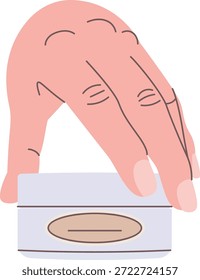 Handaufnahme eines kleinen Kosmetikglases mit etikettiertem Zinn und sauberer Linienführung. Konzept der Hautpflege, Hygiene, Pflege und Produktauswahl. Cartoon, Vektorgrafik.