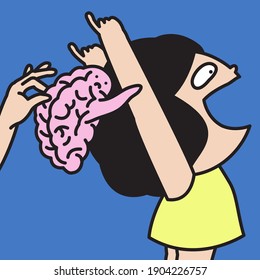Someone’s Hand Picking Up A Stressed Brain From Happy Girl Head Concept Card Character illustration