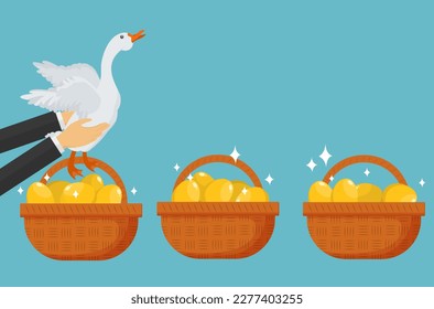hand picking up a white goose from the basket full of golden eggs