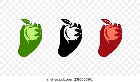 Hand picks an apple from a tree, fruit and garden, graphic design. Food, meal, plant, juice, nature, crop and harvest, vector design and illustration