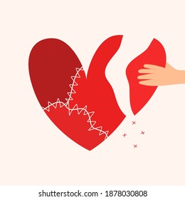 hand picks up a piece from a sewn heart.vector illustration
