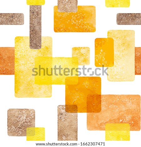 Hand pictured vector watercolor abstract geometric seamless pattern with orange,yellow,beige,broun textured rectangular and square elements on the white background