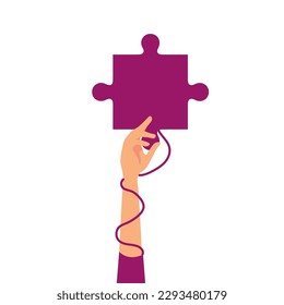 Hand with piece of jigsaw puzzle on white background