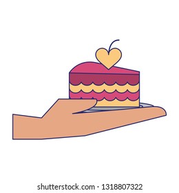 hand with piece of wedding cake blue lines
