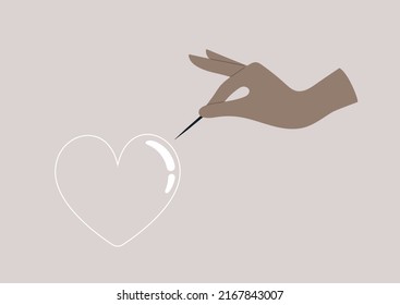 A Hand Piercing A Heart With A Needle, A Breakup Concept, Unrequited Love