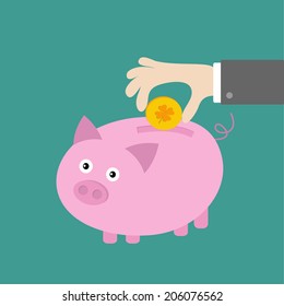 Hand and piggy bank with four leaf clover coin. Good luck card. Flat design. Vector illustration