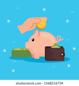 hand with piggy bank and wallet vector illustration design