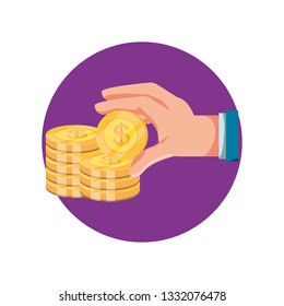 hand with pile of coins dollar