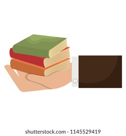 hand with pile text books