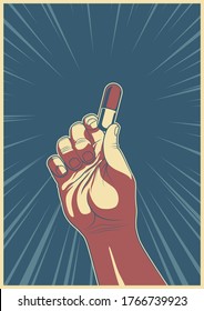 Hand and Pill Retro Propaganda Posters Template Style, Medicine Tablet, Fingers