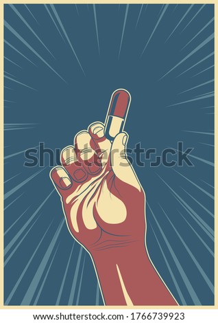 Hand and Pill Retro Propaganda Posters Template Style, Medicine Tablet, Fingers