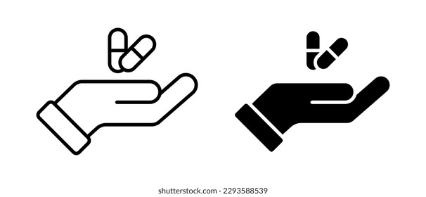 Hand with pill vector icon set. Drug symbol. Medicament and pharmaceutical sign