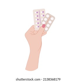 Mano con pastillas y cápsulas. Concepto de farmacia, Salud, medicina, tratamiento, cita médica. Blister de comprimidos. Ilustración vectorial para fondo y afiche. Aislado sobre fondo blanco.
