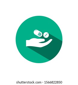 Hand and pills icon with shadow on a green circle. Vector pharmacy illustration