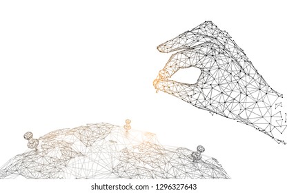 Hand with pin on the global map  from lines, triangles and particle style design. Illustration vector