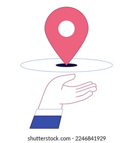 Hand mit Pin-Punkt-Symbol. Websymbol der Kartenposition auf weißem Hintergrund. Vektorgrafik.