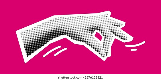 Hand pinch elegant gesture halftone collage vector illustration. Pouring salt and spices onto dish by fingers in body language on pink background