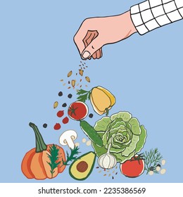 hand pinch spices cooking vegetables vector illustration.