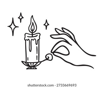 Mão apertando um candelabro com uma chama ardente, linha monocromática arte mão desenhada estilo. Ilustração vetorial.