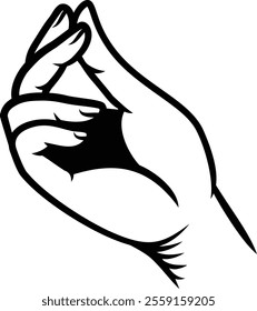 A hand pinching fingers in a pinch, possibly doing a pay me cash money gesture in a vintage retro woodcut tattoo design style.