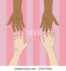 Hand to hand with pink background for Valentines' day, vector format