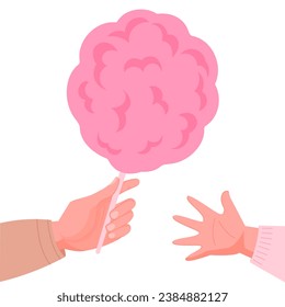 Hand with pink candy floss with on white background. Hand giving the cotton candy to child hand