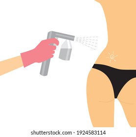 Hand in a pink glove with a gray spray tan machine sprays tan on a woman's body in black bikini. Vector illustration of auto tanning procedure