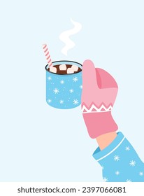 Hand in pink mitten holding blue cup of hot chocolate drink with marshmallow. Hot winter drink. Flat vector illustration