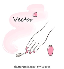 Hand with pink nail polish in vector