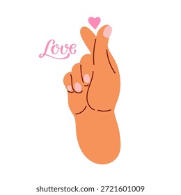 Mano con uñas rosadas haciendo forma de corazón con los dedos. Ilustración de estilo plano aislado sobre fondo blanco. Palabra de letras de caligrafía Amor. Signo de amor para la tarjeta del día de San Valentín, invitación. Forma del corazón