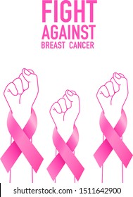 Hand with pink ribbon. Fight against breast cancer concept. Breast cancer awareness month banner. design for poster, banner, t-shirt.  Illustration isolated on white background.