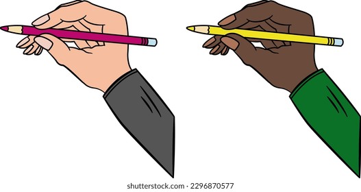 Hand with Pink and Yellow Pencil. Mockup. Vector Drawings of Hands with Pencils