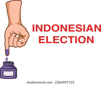 Mano con el dedo Pinkie sumergido en tinta o matiz de color azul, como una señal ha votado. Ilustración vectorial de un dedo entintado con el eslogan Elecciones Indonesias.