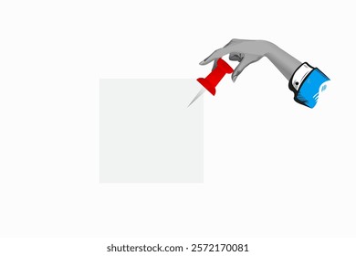 Hand pinning red pushpin to blank white paper notice