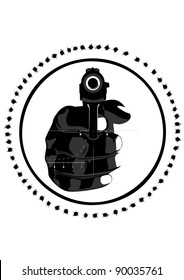 Hand with a pistol against the sniper scope. Black and white illustration on white background
