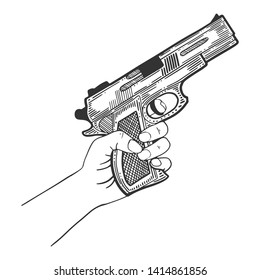 Hand with pistol, firearm for protection. Vector in engraving and sketch style. Isolated on white background